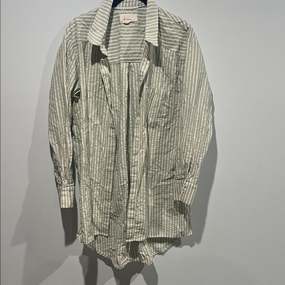 Anthropologie Green Striped Seersucker Buttondown Tunic 🌿 Size Medium NWOT - Picture 5 of 12
